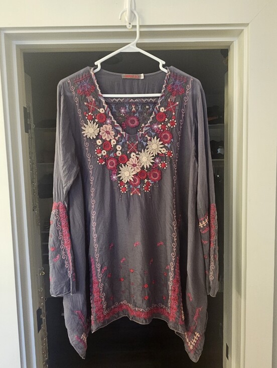 Johnny Was Tops - Johnny Was Gray Sheer Floral Embroidered Tunic-Medium